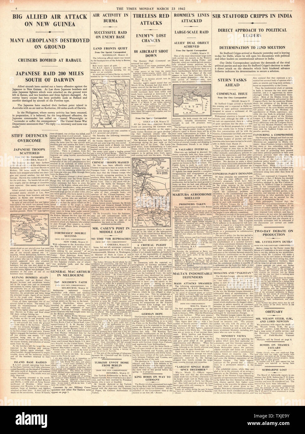 1942 Pagina 4 Tempi Allied attacco aereo in Nuova Guinea e Sir Stafford Cripps in India Foto Stock