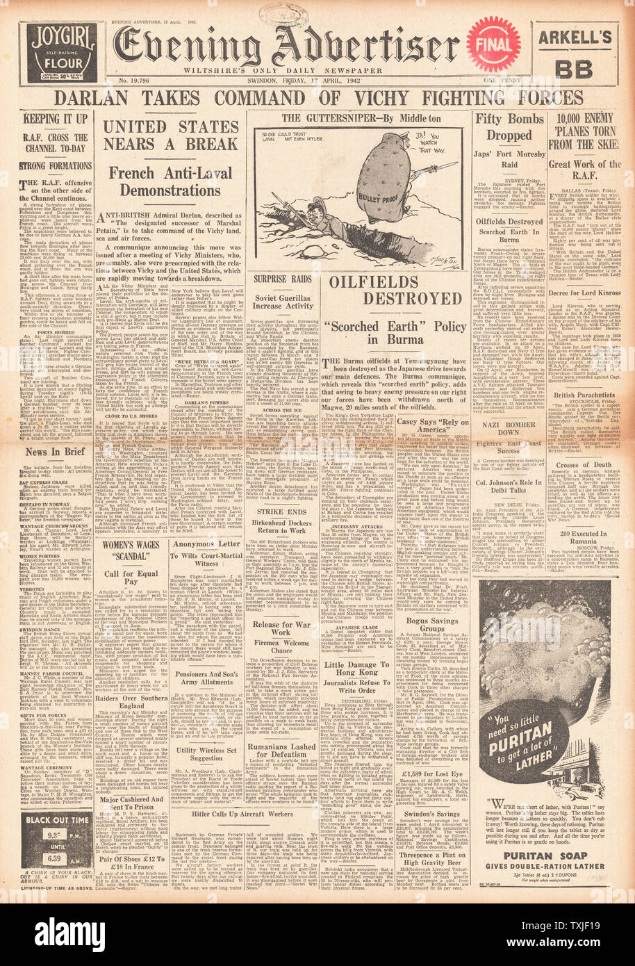 1942 front page sera inserzionista Admiral Darlan prende il comando di tutte le forze di Vichy Foto Stock