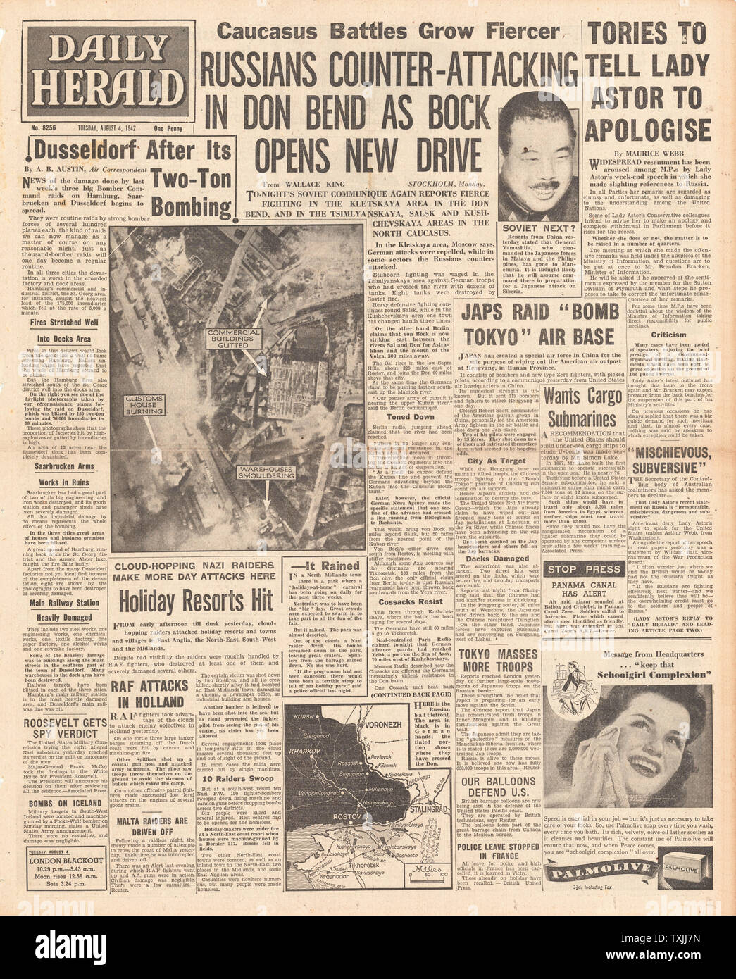 1942 front page Daily Herald Esercito Tedesco drive sul Caucaso, RAF Bomba Dusseldorf la battaglia per l'Egitto e la Guerra del Pacifico Foto Stock