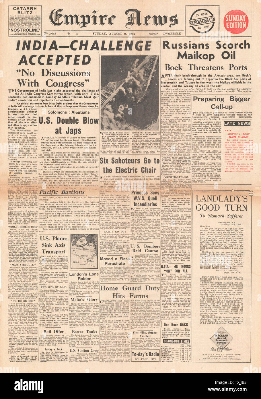 1942 front page Empire News Congresso indiano avallare Gandhi la chiamata per la Gran Bretagna a 'Quit India e l' esercito russo Maikop scorch CAMPI OLIO Foto Stock