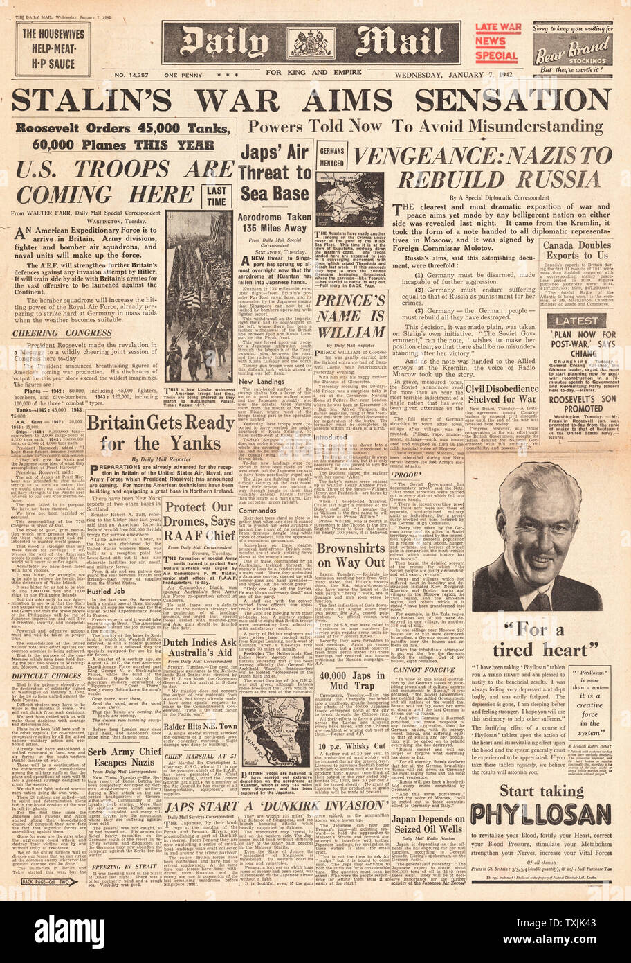 1942 front page Daily Mail Roosevelt annuncia le truppe americane ad essere basata in Gran Bretagna, Stalin piani di vendetta sulla Germania e esercito giapponese minacciano Singapore Foto Stock