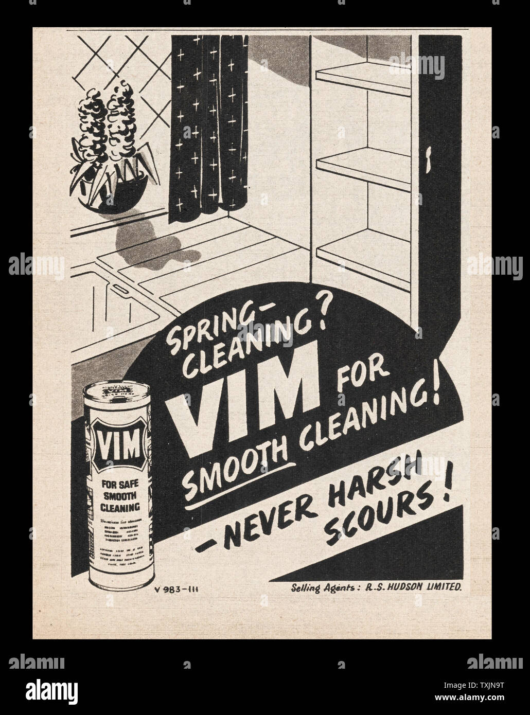 1940 La rivista britannica Vim polvere Pulizia Annuncio Foto stock - Alamy