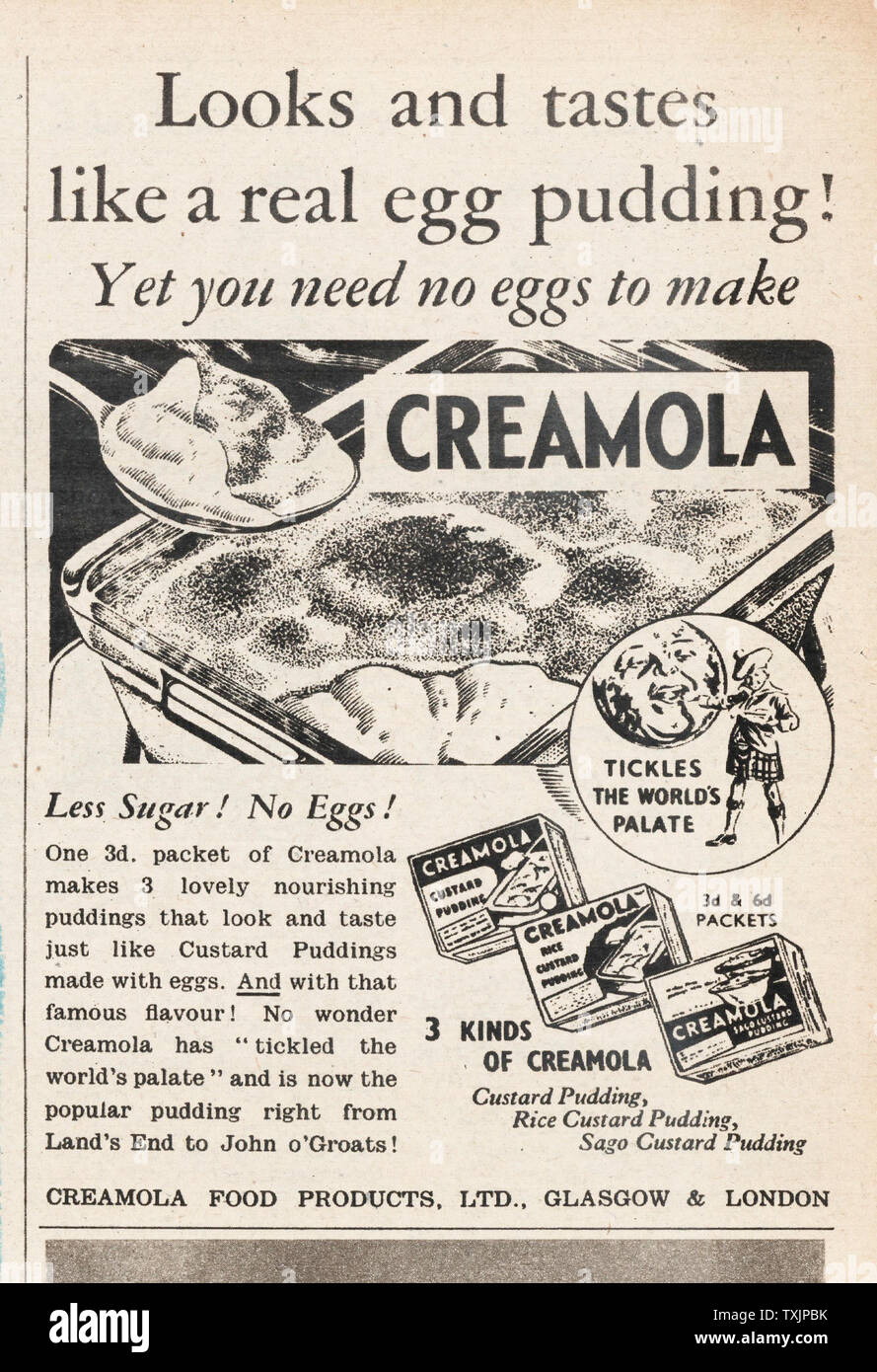 1941 La rivista britannica Creamola budino di crema pasticcera annuncio Foto Stock