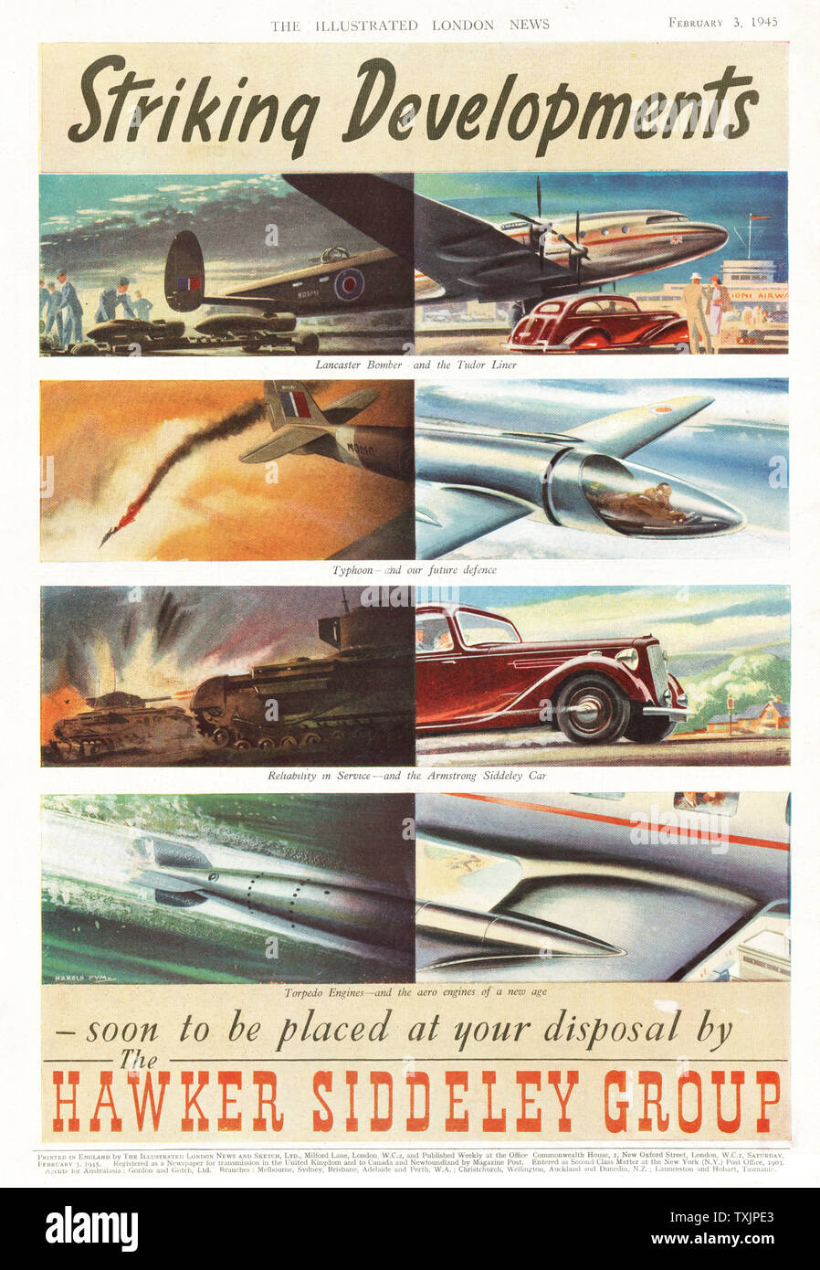 1945 La rivista britannica HAWKER SIDDELEY Annuncio di gruppo Foto Stock
