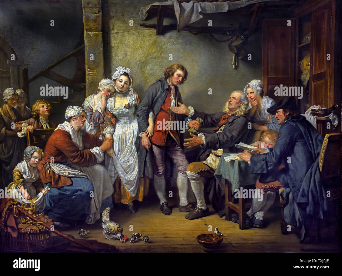 L'accordée de village - Il villaggio concedere 1761 da Jean Baptiste Greuze 1725 - 1805, francia, francese. ( Un padre dà il suo futuro genero la dote di sua figlia, in presenza di un pubblico ufficiale. ) Foto Stock