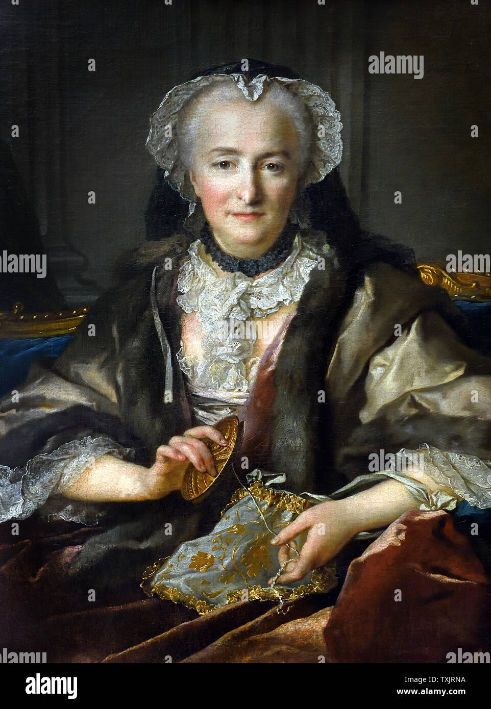 Madame Dangé rendere i nodi. Ritratto di Anne Jarry, moglie del contadino-generale François-Balthazar Dangé du Fay 1753 da Louis TOCQUÉ 1696 - 1772 francia, francese, Foto Stock