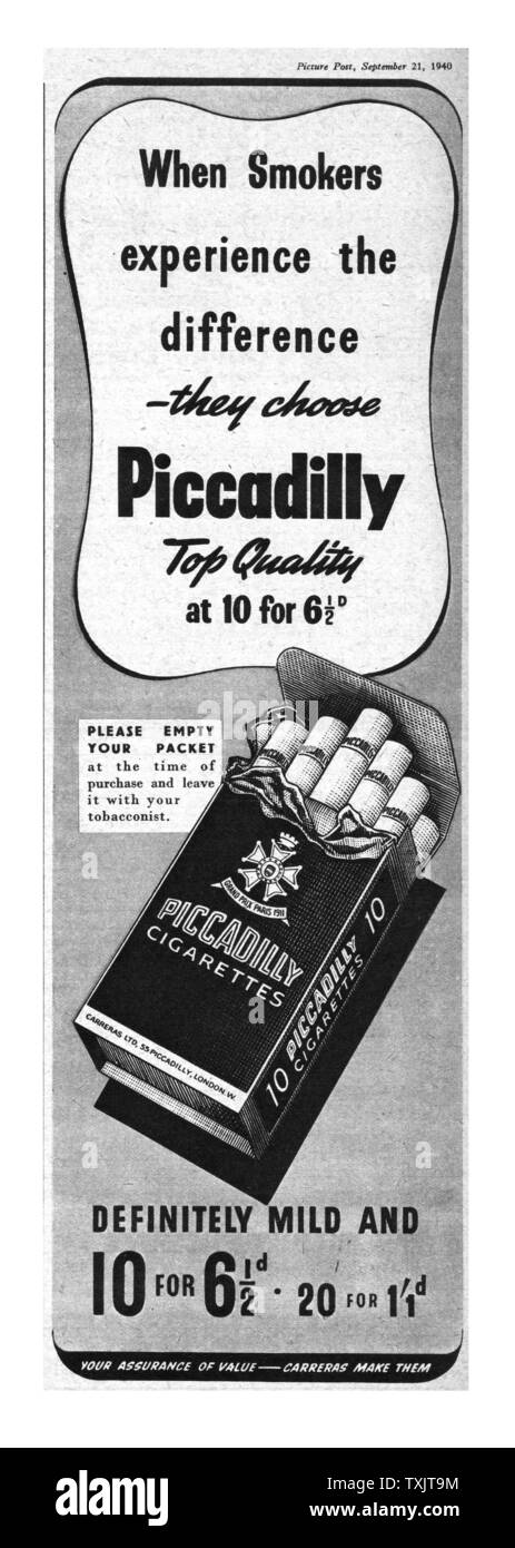 1940 La rivista britannica Piccadilly Annuncio di sigaretta Foto Stock