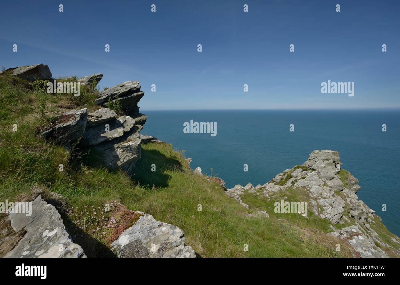 Sperone roccioso, sul North Devon Coast, affacciato sul Severn Estuary Foto Stock