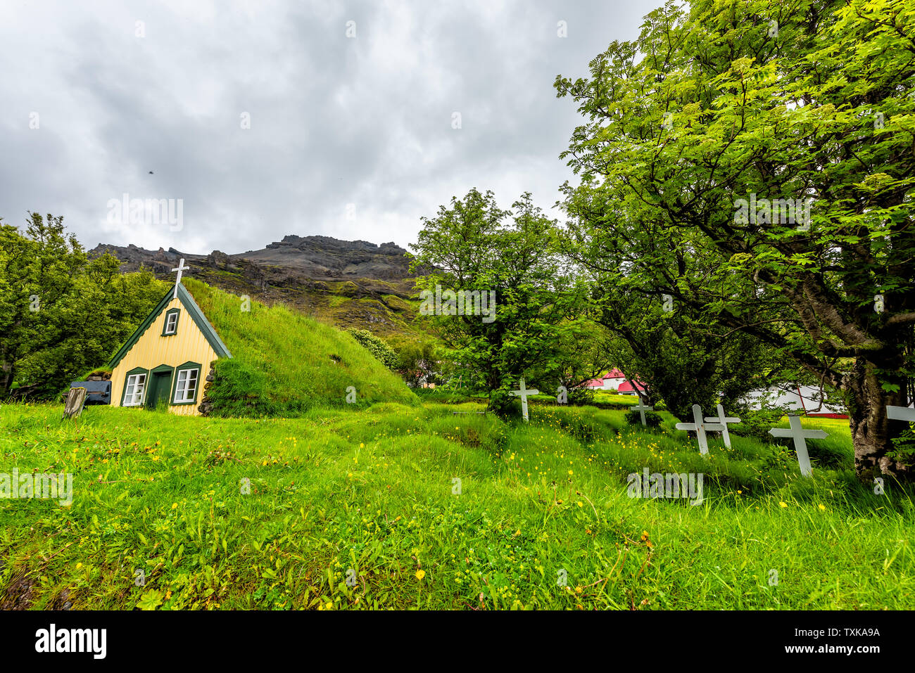 Hof, Islanda chiesa che fu l'ultima build in tradizionale stile di tappeto erboso, Hofskirkja, costruendo il tetto coperto di erba verde Foto Stock