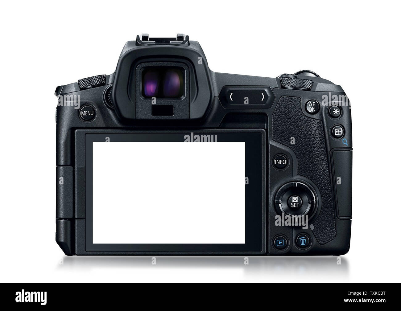 Lato posteriore della moderna mirrorless Canon fotocamera digitale su uno sfondo bianco come illustrazione graphic Foto Stock