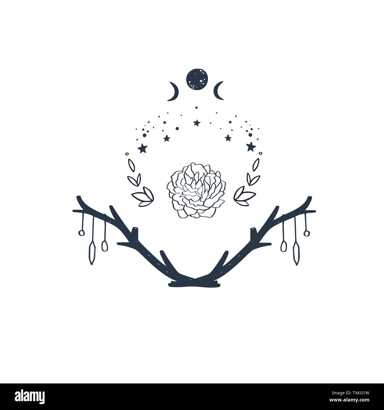 Vettore boho magico, pagane composizione con fiori, fasi lunari, notte cielo stellato ed alberi e pietre preziose. Disegnato a mano design tatuaggio, alchimia Illustrazione Vettoriale