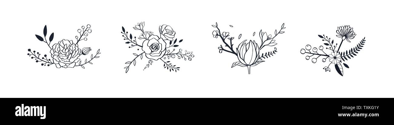 Floral color pastello vettore bouquet di rose, peonia, anemone, Sakura, fiori selvatici. Disegnata a mano rustica oggetti isolati. Decorative biglietti di invito Illustrazione Vettoriale