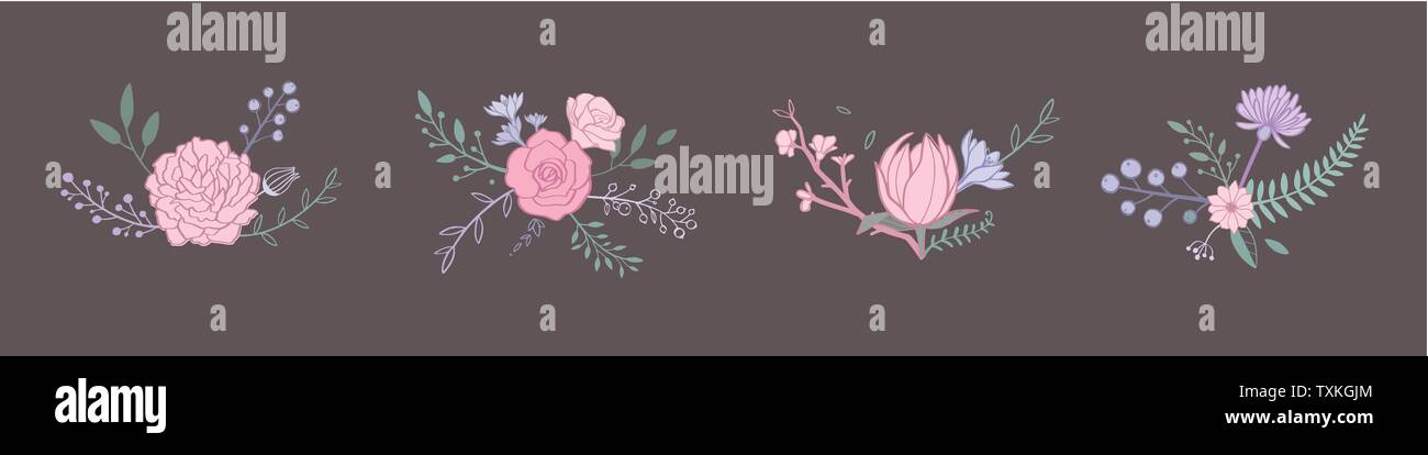 Floral color pastello vettore bouquet di rose, peonia, anemone, Sakura, fiori selvatici. Disegnata a mano rustica oggetti isolati. Decorative biglietti di invito Illustrazione Vettoriale