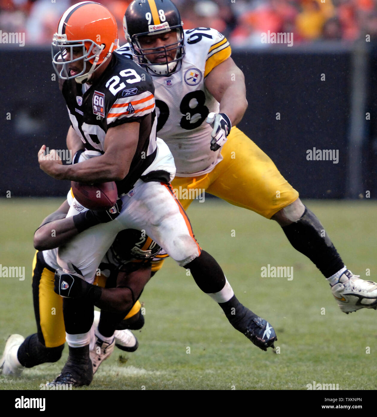 Cleveland Brown running back Jason Wright (29) fumbles la palla dopo essere stato affrontato da Pittsburgh Steelers corner back Bryant McFadden (20) difensiva e affrontare Casey Hampton (98) durante il terzo trimestre al Cleveland Browns Stadium di Cleveland, Ohio, 19 novembre 2006. (UPI Photo/ Stephanie Krell) Foto Stock