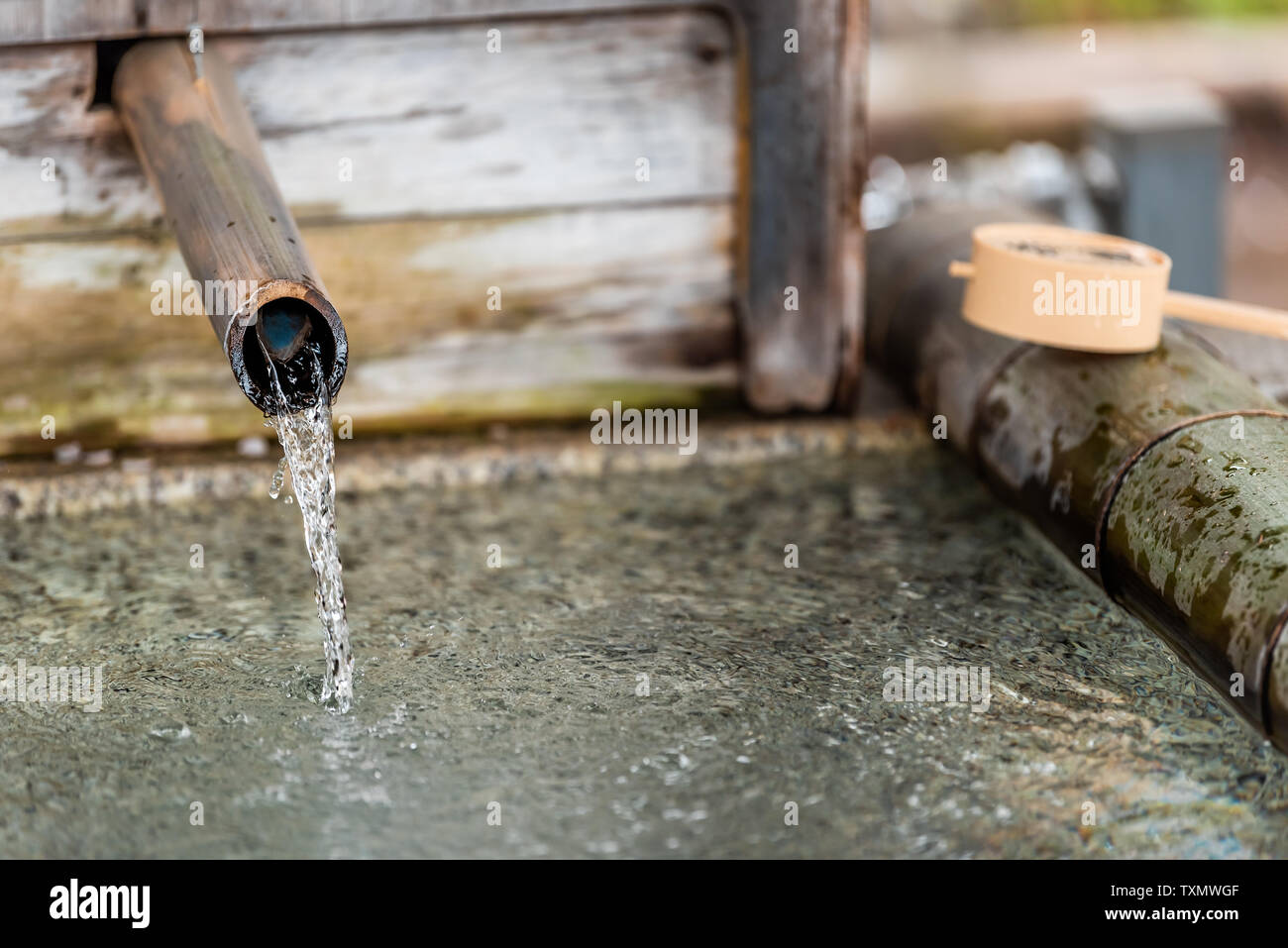 Fontana di purificazione a Kyoto, in Giappone con legno di bambù e il mestolo di acqua dal tubo di lancio Foto Stock