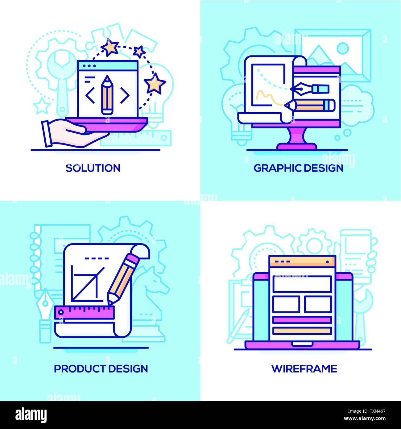 Attività e Servizi - Gruppo di linea stile di design di illustrazioni a colori Illustrazione Vettoriale