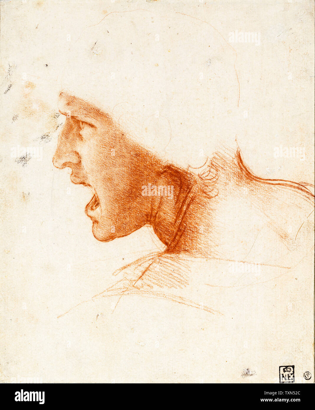 Leonardo Da Vinci, studio di testa di guerriero per la Battaglia di Anghiari, disegno, circa 1504 Foto Stock