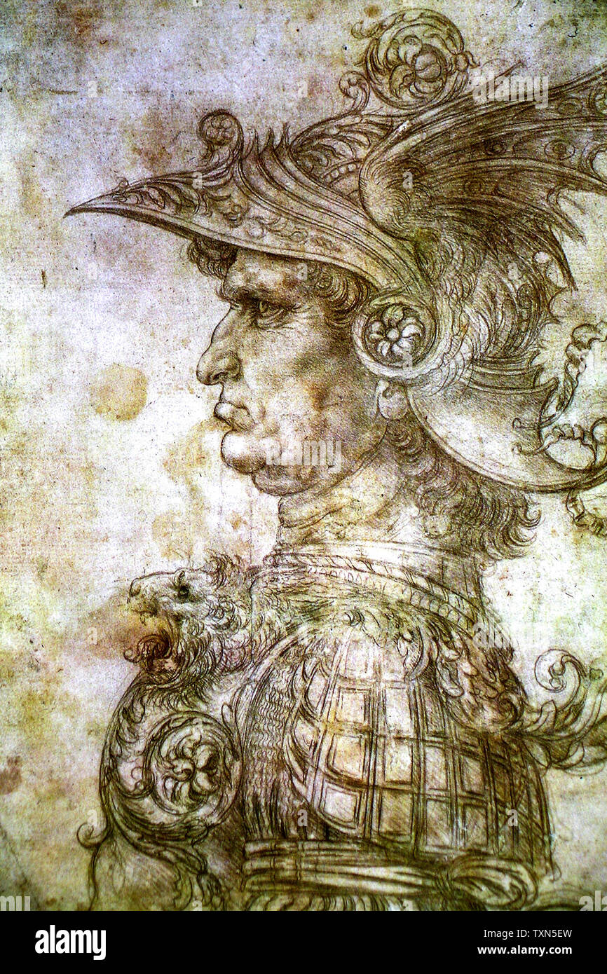 Leonardo Da Vinci, il profilo di un guerriero con il casco, disegno, circa 1472 Foto Stock