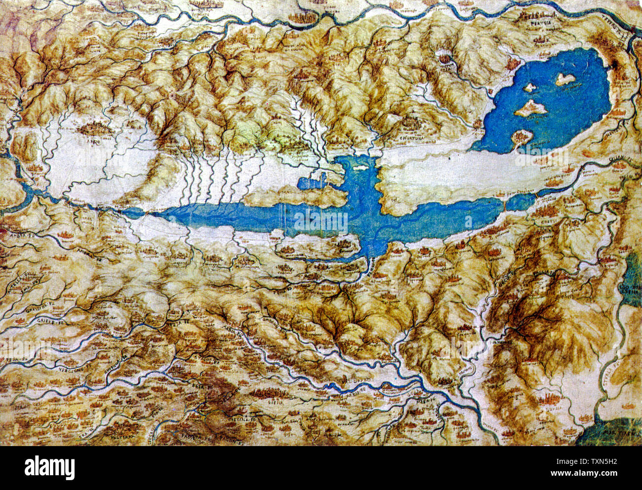 Leonardo Da Vinci, Mappa della Toscana e la Val di Chiana, disegno, circa 1502 Foto Stock