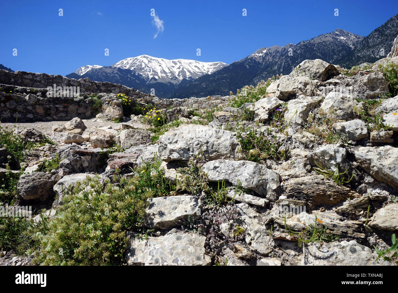 Le rovine della fortezza di Mistra e neve montagna, Grecia Foto Stock
