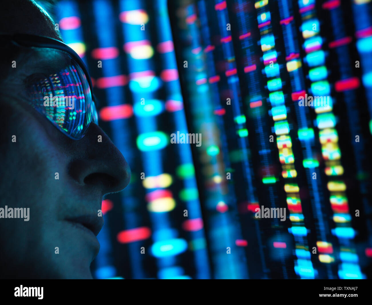 La ricerca genetica, scienziato la visualizzazione di informazioni sul DNA su schermi, close up Foto Stock