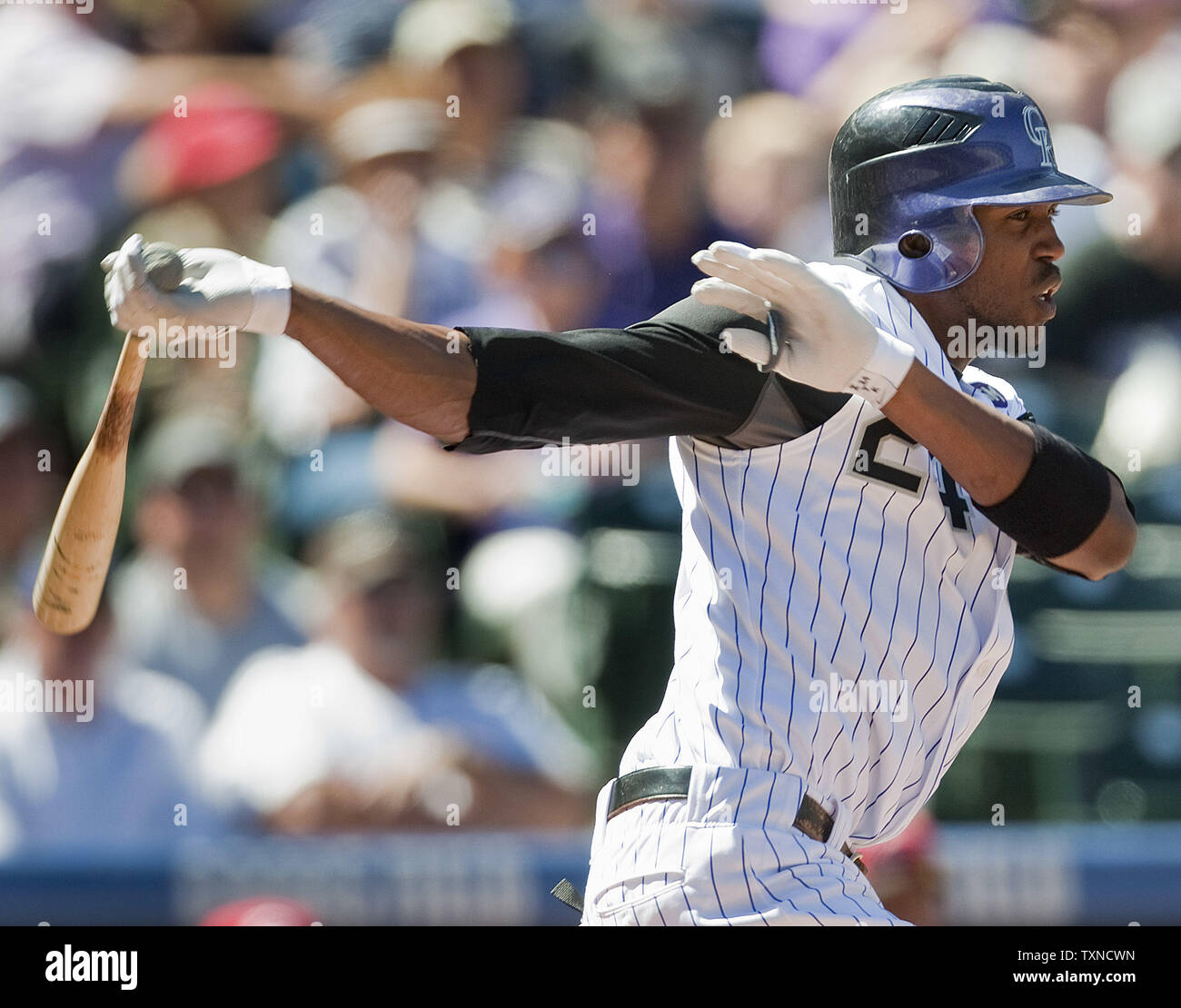 Colorado Rockies center fielder Dexter Fowler motivi contro i Cincinnati Reds durante il primo inning a Coors Field il 2 settembre 2010 a Denver. I Rossi portano la NL divisione centrale. UPI/Gary Caskey C. Foto Stock