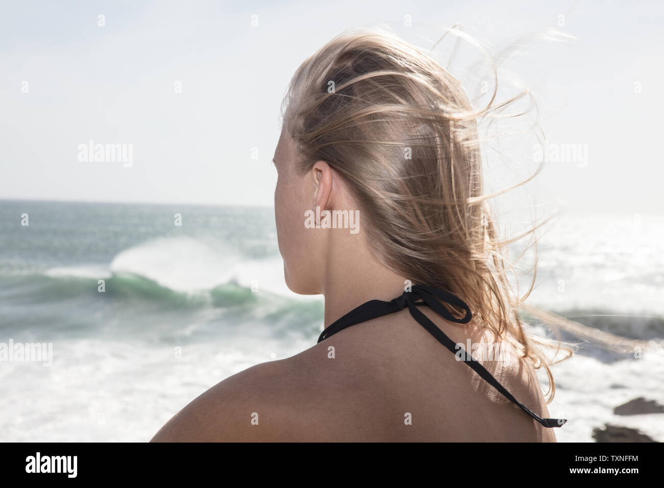 Giovani femmine surfer con oltremare lunghi capelli biondi a guardare le onde del mare, vista posteriore, Cape Town, Western Cape, Sud Africa Foto Stock