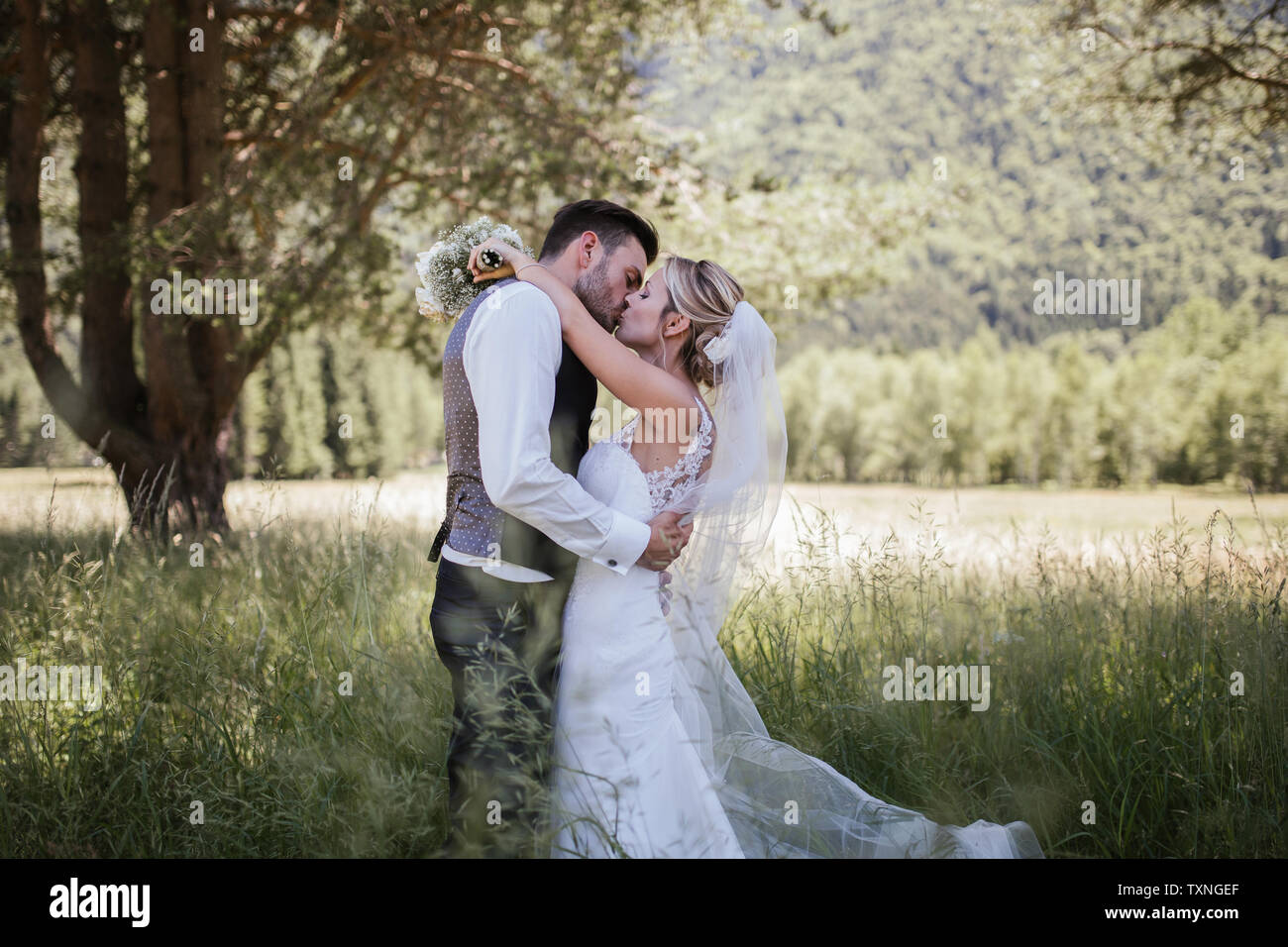 Coppia romantica sul giorno di nozze kissing nel bosco, Stresa, Piemonte, Italia Foto Stock