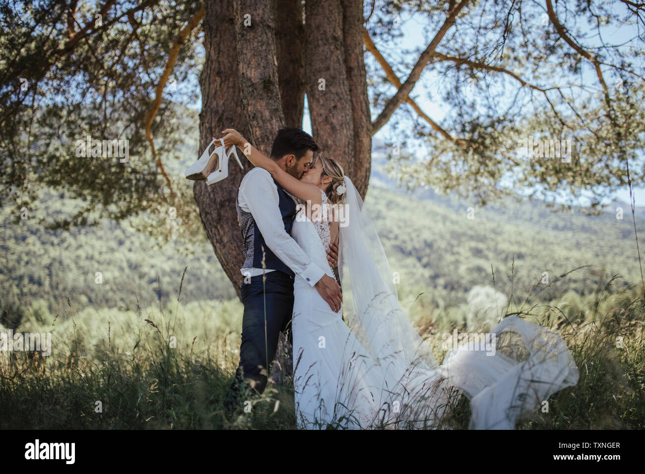 Coppia romantica sul giorno di nozze kissing nel bosco, Stresa, Piemonte, Italia Foto Stock