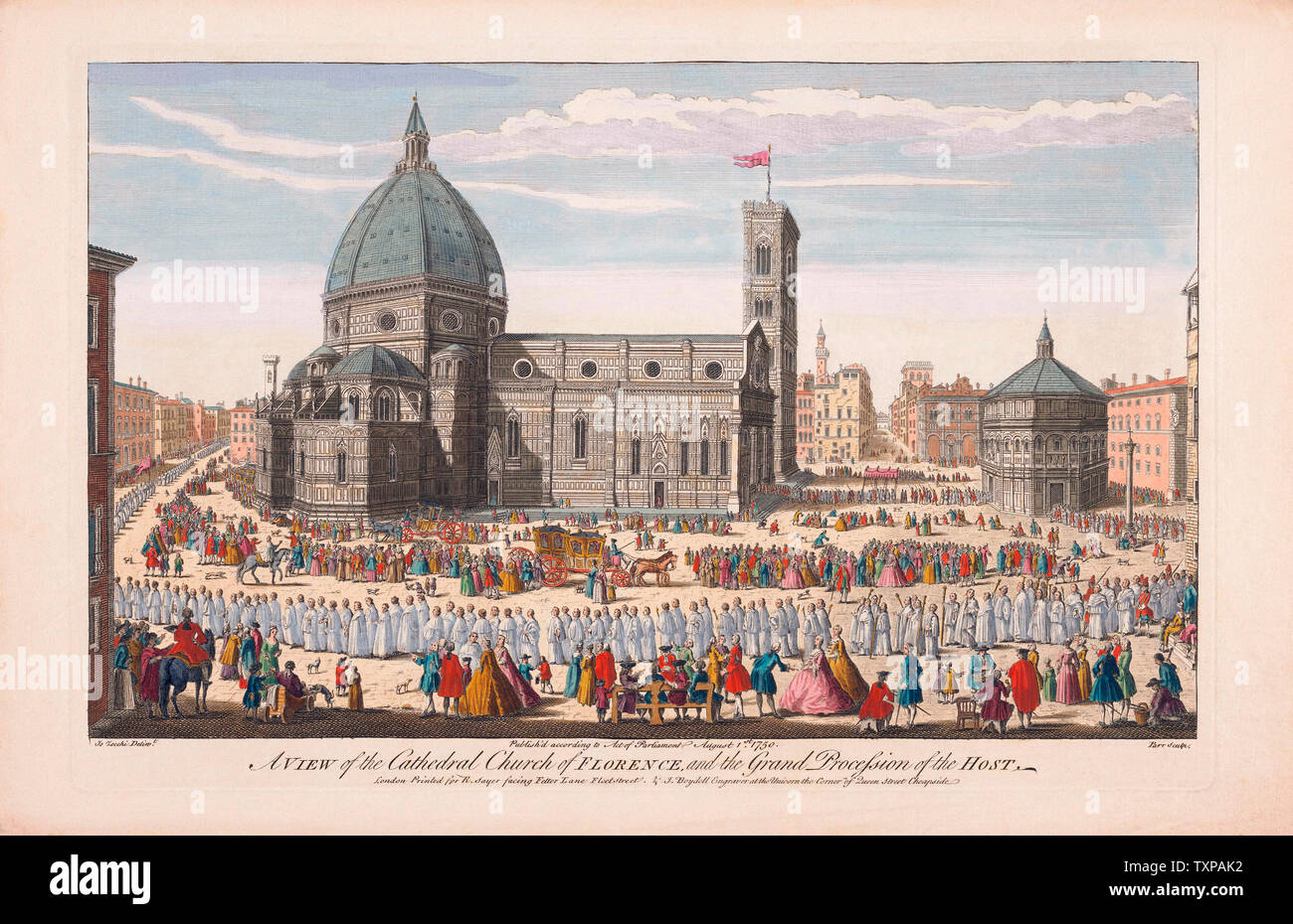 Una vista della chiesa cattedrale di Firenze e il gran processione dell'host. Dopo un colorate a mano incisione pubblicato a Londra, 1750. Foto Stock