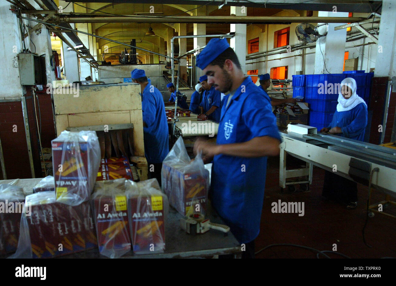 Lavoratori palestinesi preparare scatole per spedizione biscotti e snack presso la al-Awda in fabbrica a Deir al-Balah nel centro della Striscia di Gaza il 17 settembre 2007. La fabbrica, producendo il solo localmente biscotti fatti nei territori palestinesi, facce di chiusura possibile a causa della mancanza di materie prime e la difficoltà di distribuzione di merci attraverso israeliano terminale presidiato attraversamento della Cisgiordania. (UPI foto/Ismael Mohamad) Foto Stock