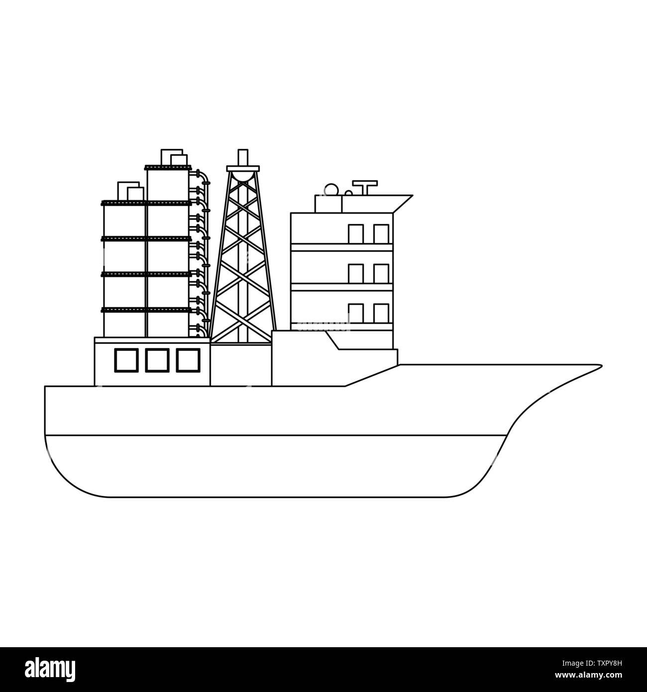 Raffineria di petrolio nave con pompe isolato di simbolo in bianco e nero Illustrazione Vettoriale