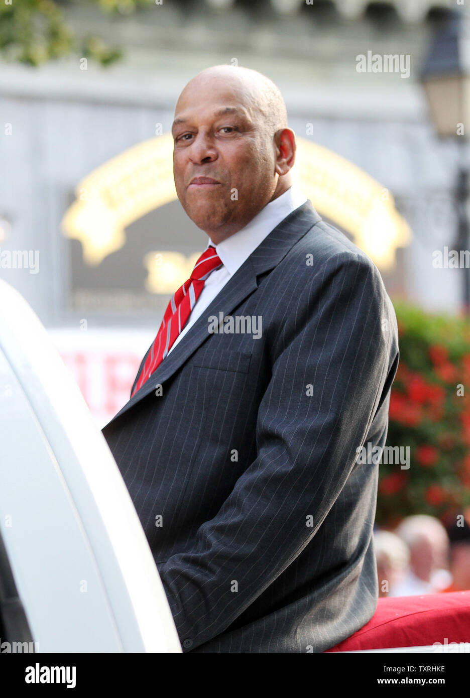 National Baseball Hall of Fame stati Orlando Cepeda giostre di giocatori sfilata in Cooperstown, New York il 23 luglio 2011. UPI/Bill Greenblatt Foto Stock