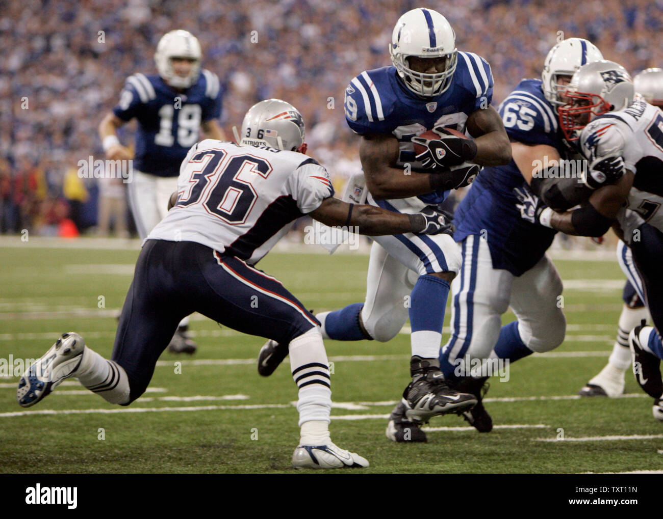 Indianapolis Colts running back Joseph Addai (29) corre passato New England Patriots sicurezza James Sanders (36) per il touchdown vincente su un 3-cantiere esegui. Il Colts ha sconfitto i patrioti 38-34 nel campionato AFC gioco al RCA Dome di Indianapolis il 21 gennaio 2006. (UPI foto/Mark Cowan) Foto Stock