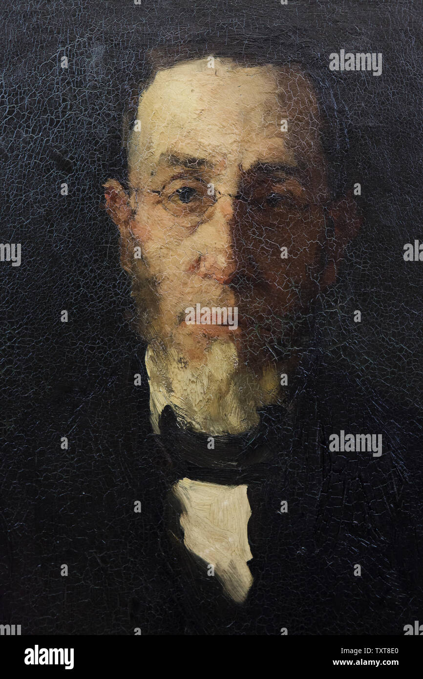 Dettaglio del dipinto ritratto del sindaco Klein (Bürgermeister Klein) dal tedesco ritratto pittore Wilhelm Leibl (1871) sul display nella Alte Nationalgalerie (vecchia galleria nazionale) di Berlino, Germania. Foto Stock