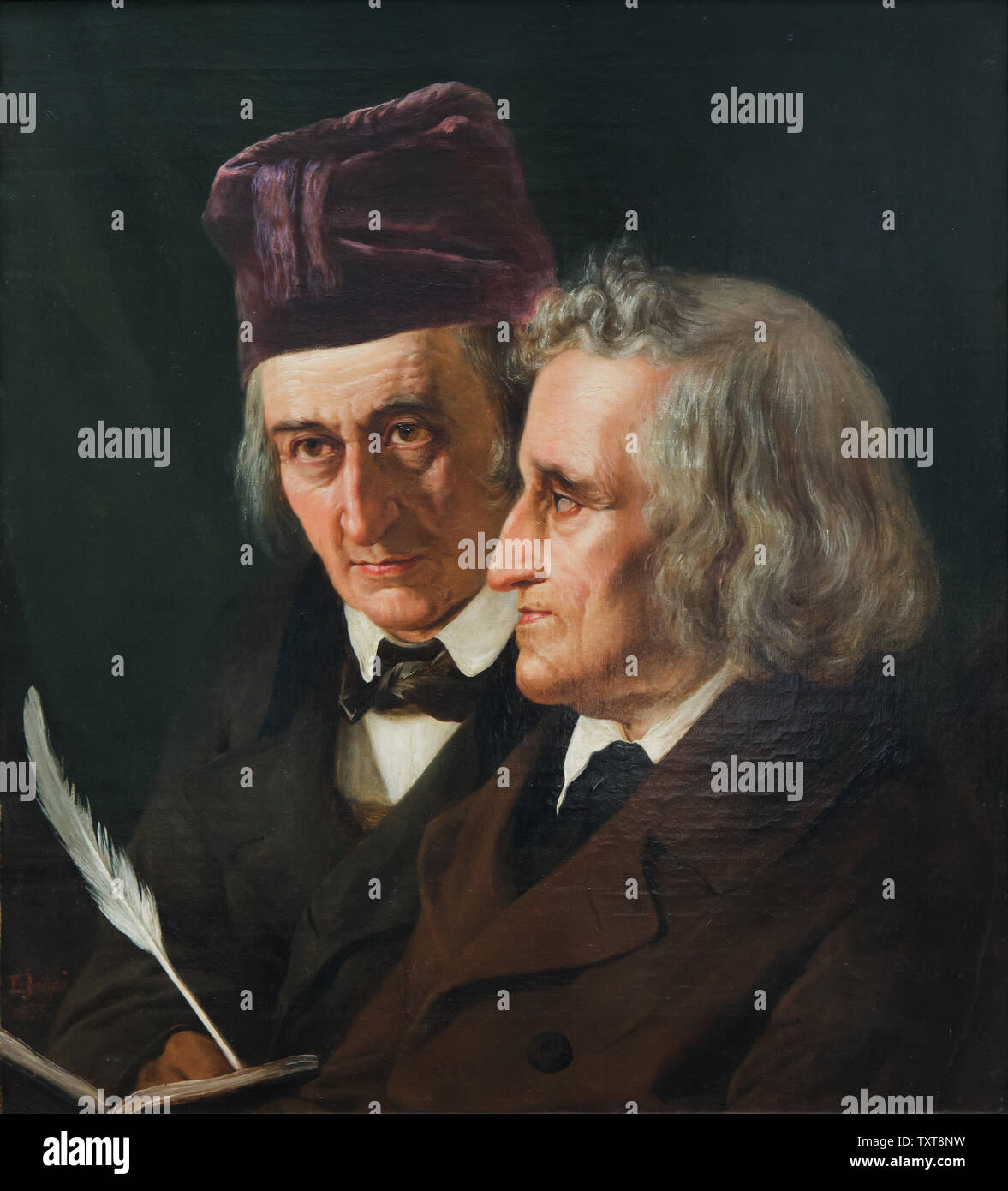 Jacob e Wilhelm Grimm rappresentato nel twin ritratto dei fratelli Grimm dal pittore danese Elisabeth Jerichau-Baumann (1855) sul display nella Alte Nationalgalerie (vecchia galleria nazionale) di Berlino, Germania. Foto Stock