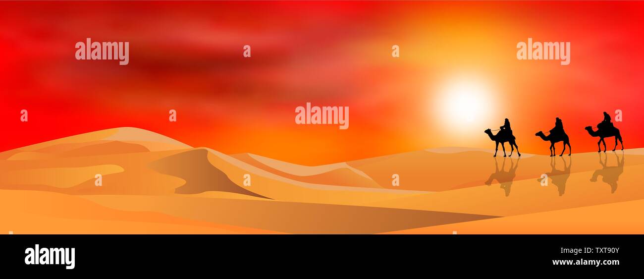 Piloti su cammelli sullo sfondo del tramonto. Deserto Sabbioso. La sabbia il paesaggio del deserto. Illustrazione Vettoriale