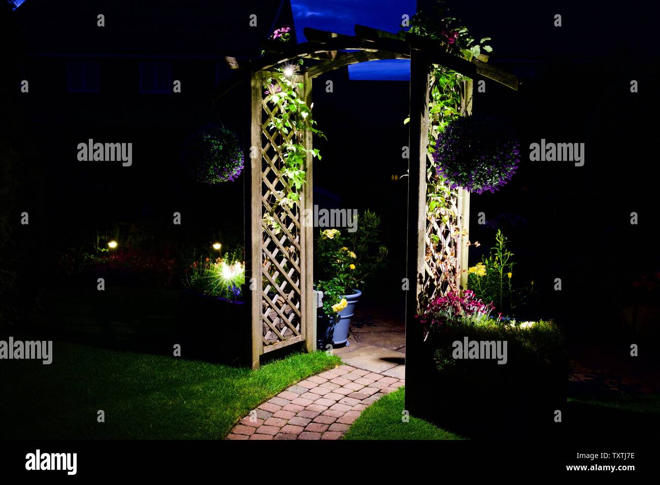 Luci esterne illuminare un giardino arch Foto Stock