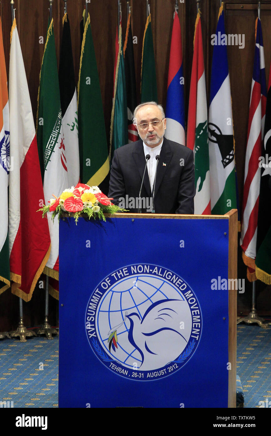 Ministro degli Esteri iraniano Salehi Ali-Akbar parla durante la cerimonia di apertura del Movimento dei Non Allineati vertice di Teheran, Iran il 26 agosto 2012. Ministro degli Esteri iraniano Salehi Ali-Akbar detto alla cerimonia di apertura del Nam che il 120 NAM gli Stati membri dovrebbero aiutare a fermare le sanzioni delle Nazioni Unite che sono state applicate contro l'Iran, e che il mondo dovrebbe essere libero di armi nucleari. Il XVI NAM Summit si terrà a Teheran dal mese di agosto 26-31. UPI/Maryam Rahmanian Foto Stock