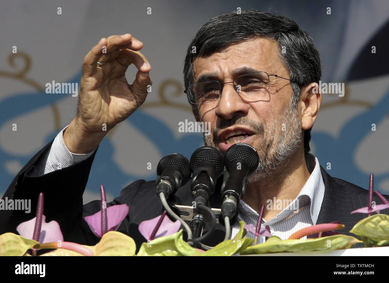 Il presidente iraniano Mahmoud Ahmadinejad parla a piazza Azadi (Piazza della Libertà) per la celebrazione del trentaquattresimo anniversario della rivoluzione islamica in Tehran, Iran il 10 febbraio 2013. Ahmadinejad disse alla folla che la nazione iraniana è forte come potrebbe essere e nessuno può imporre la loro volontà sul popolo iraniano. Egli ha inoltre aggiunto "Oggi, nemici stanno compiendo ogni sforzo per arrestare il progresso della nazione iraniana aumentando la pressione, ma non hanno avuto successo.' UPI/Maryam Rahmanian Foto Stock