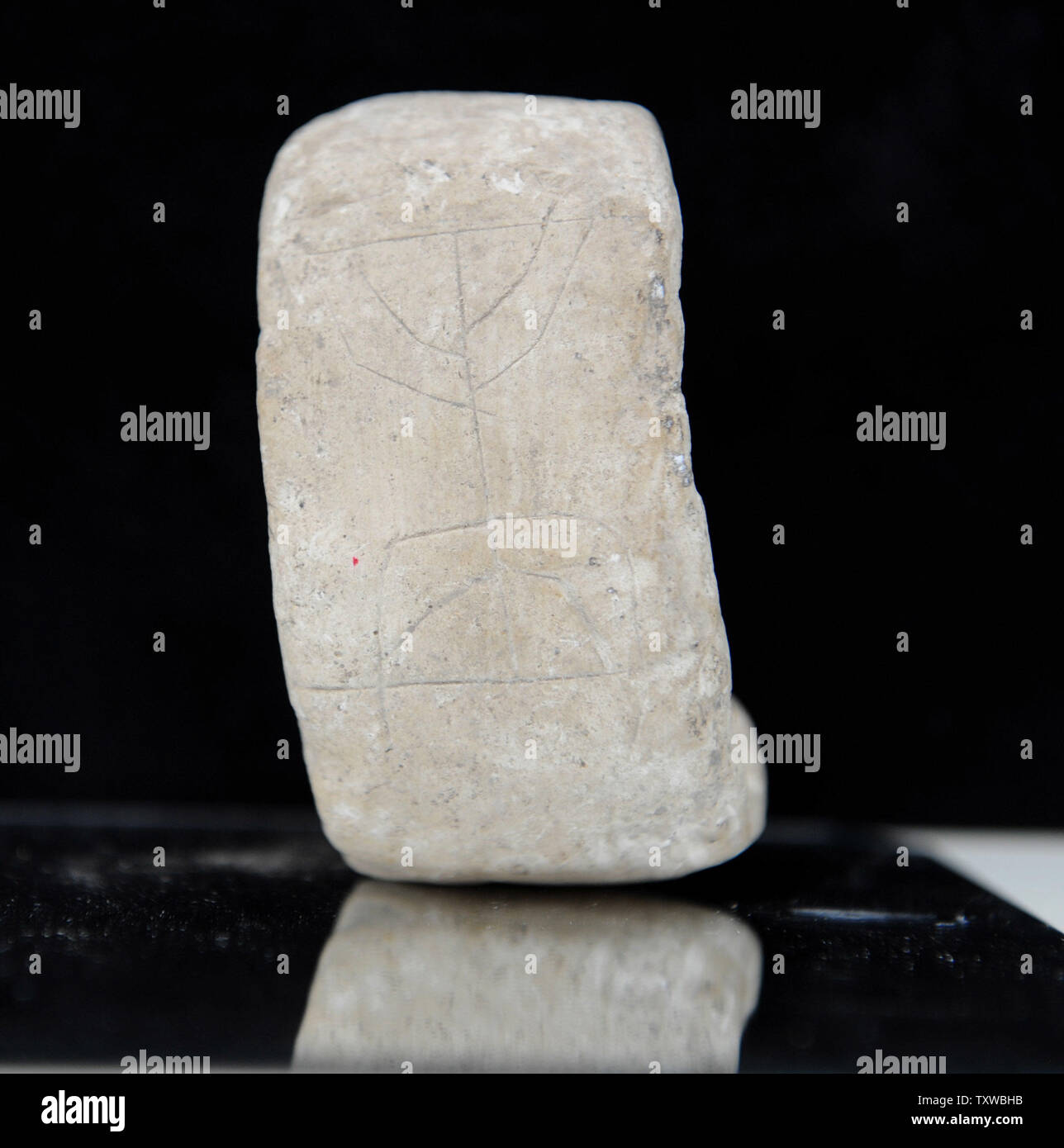 Un oggetto in pietra ornata di una rara incisione di una menorah, fu trovato nel terreno al di sotto della strada, sul lato di una galleria di scolo che conduce a Gerusalemme la città vecchia, viene visualizzato nell'antichità israeliana competente ufficio in Gerusalemme, 8 agosto 2011. Il candelabro illustrata ha solo cinque rami e si trova in prossimità del Monte del Tempio di Gerusalemme. UPI/Debbie Hill Foto Stock