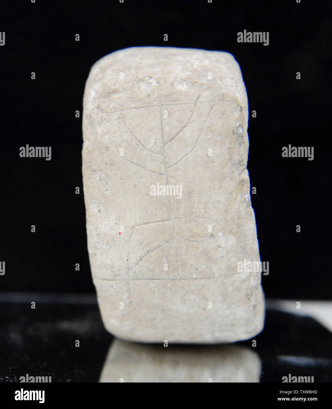 Un oggetto in pietra ornata di una rara incisione di una menorah, fu trovato nel terreno al di sotto della strada, sul lato di una galleria di scolo che conduce a Gerusalemme la città vecchia, viene visualizzato nell'antichità israeliana competente ufficio in Gerusalemme, 8 agosto 2011. Il candelabro illustrata ha solo cinque rami e si trova in prossimità del Monte del Tempio di Gerusalemme. UPI/Debbie Hill Foto Stock