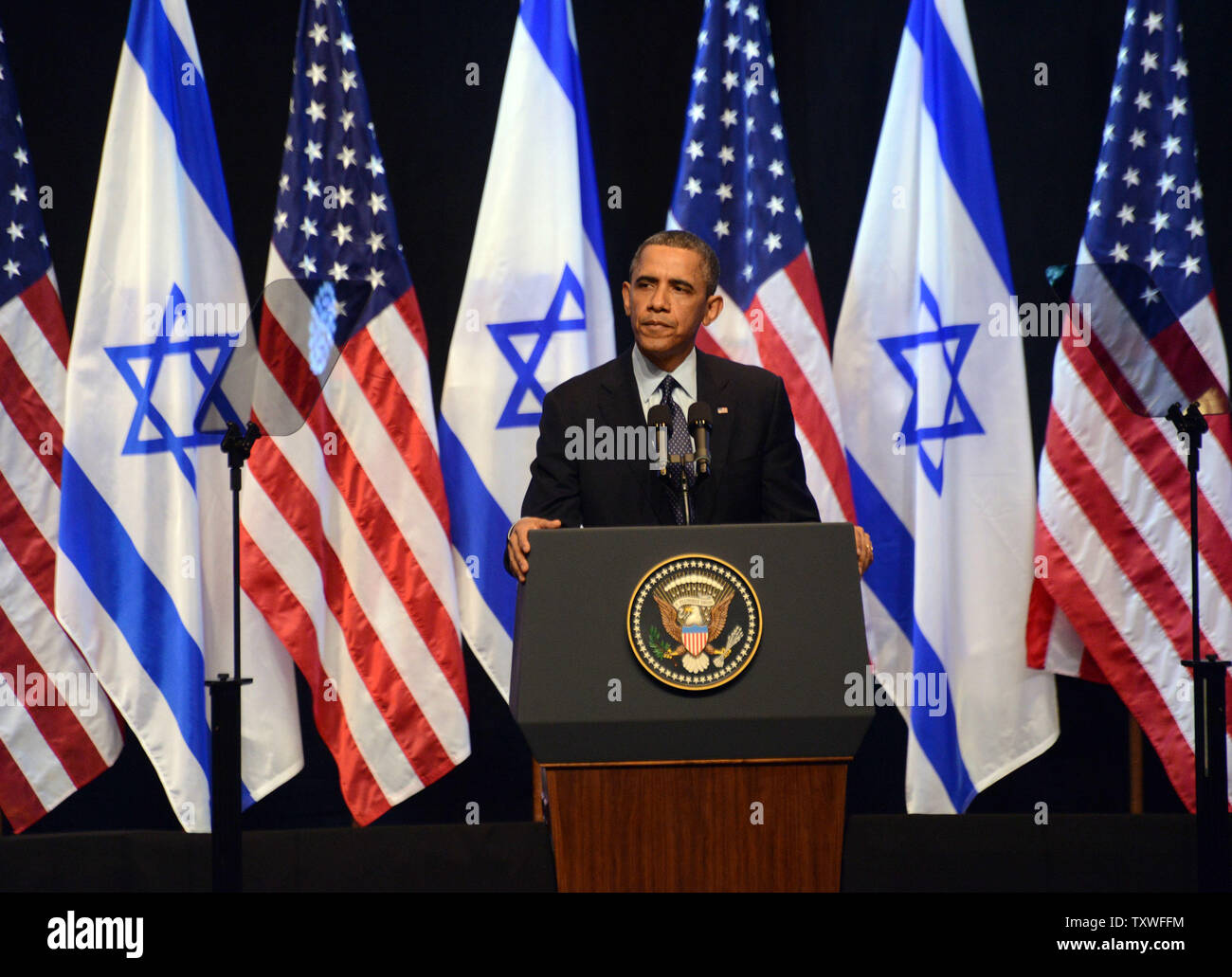 Stati Uniti Il presidente Barack Obama offre un discorso agli israeliani gli studenti universitari a Gerusalemme il Convention Center a Gerusalemme, Israele, Marzo 21, 2013. UPI/Debbie Hill Foto Stock