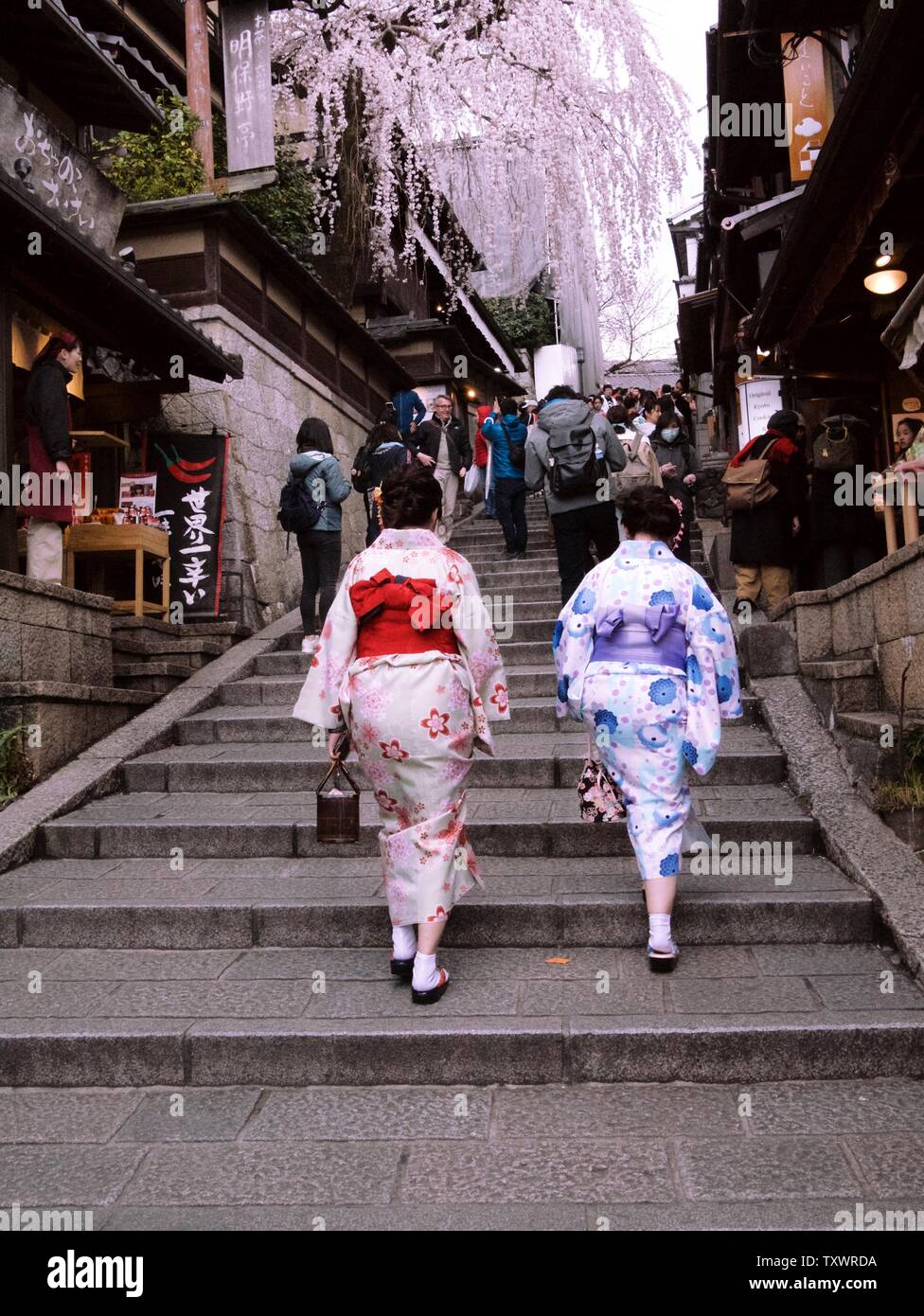 Città vecchia Kyoto, il quartiere di Higashiyama durante la stagione di sakura in Giappone e le donne vestite in kimono tradizionali. Foto Stock