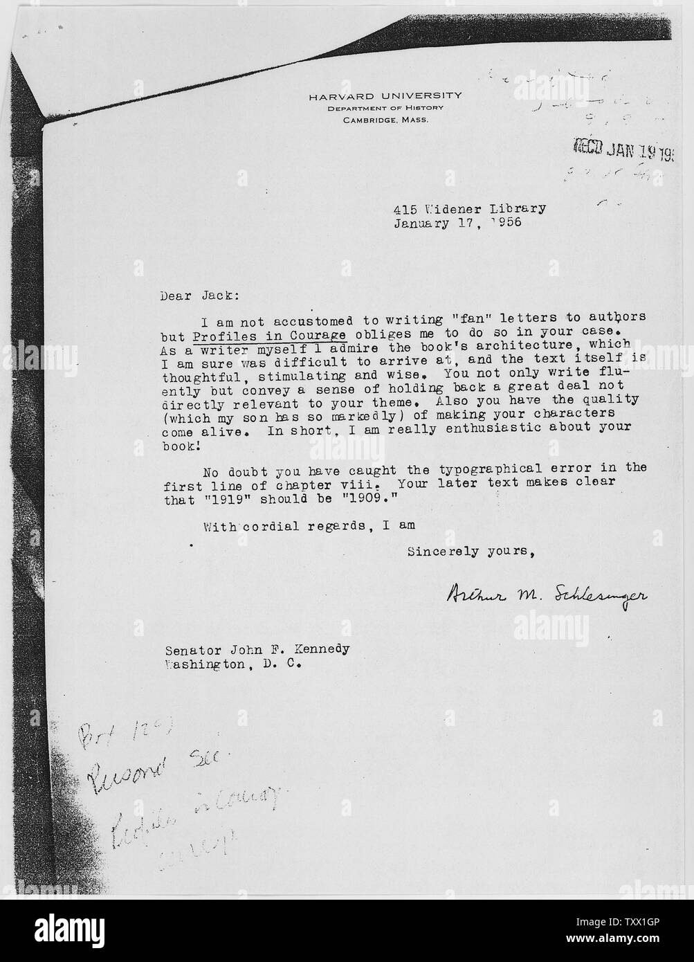 Arthur Schlesinger M., Jr. Lettera a John F. Kennedy Profili in coraggio Gennaio 17, 1956; l'ambito e il contenuto: Lettera da Arthur Schlesinger M., Jr. a John F. Kennedy commentando i profili nel coraggio. Foto Stock