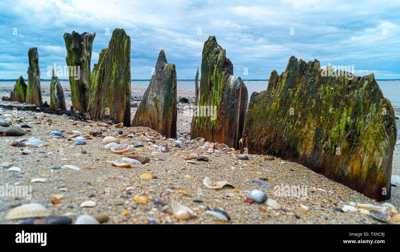 I resti di una nave di legno e ormeggi sepolto nella sabbia e la formazione di pattern astratti sulla spiaggia Foto Stock