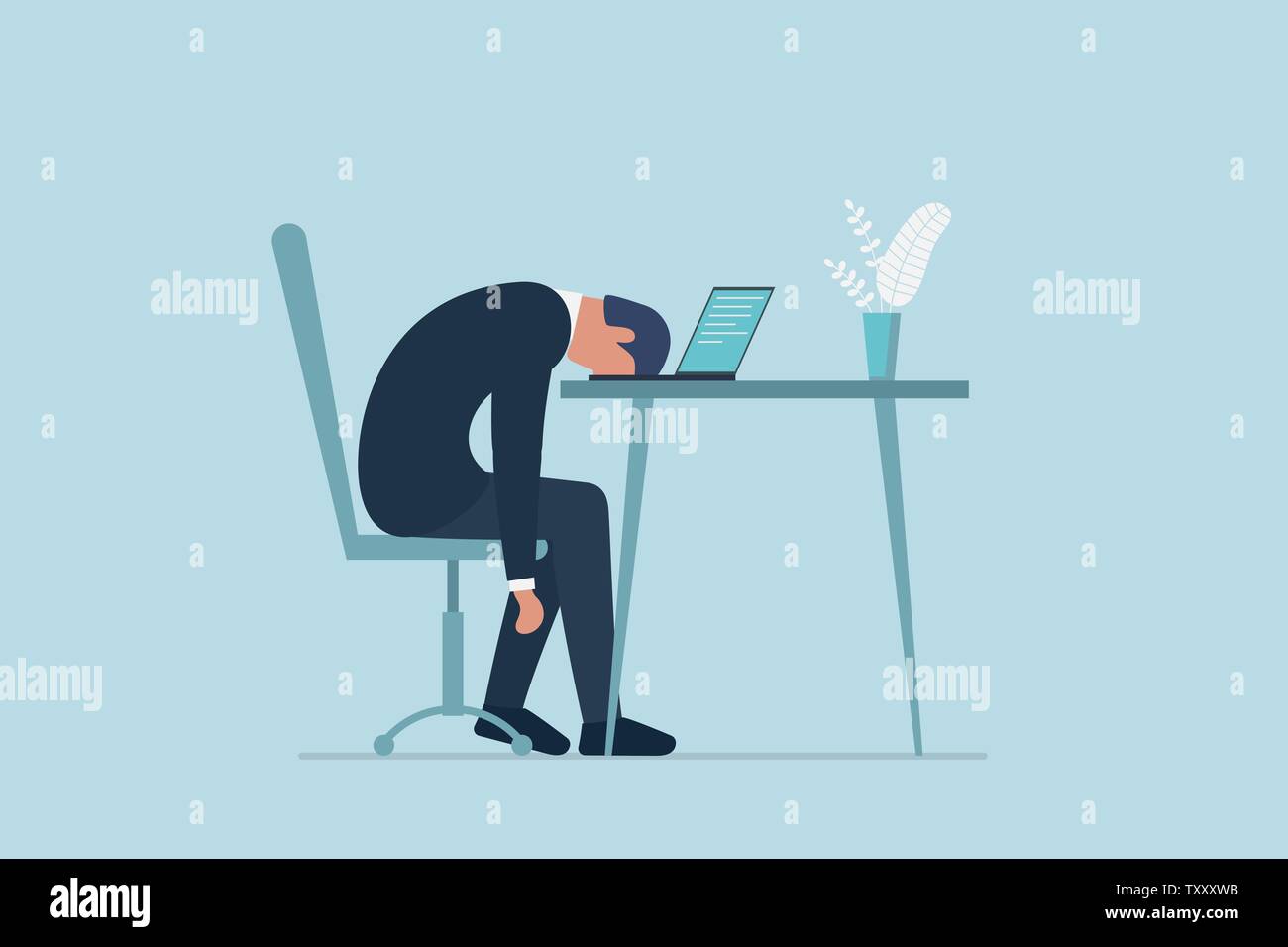 Professional Sindrome di burnout. Esaurito malati stanco manager maschio in office triste noioso seduto con la testa in giù sul laptop. Frustrati mentali del lavoratore Illustrazione Vettoriale