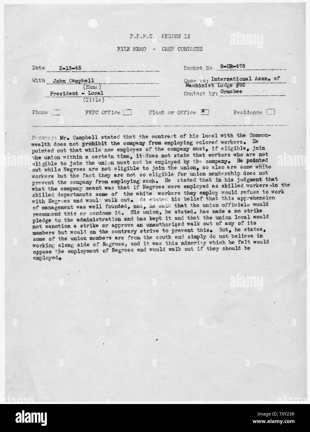 Casi chiusi [Pratt and Whitney]: il file Memo - Caso contatti; Portata e contenuto: riassume i progressi del caso 9-UR-478. Foto Stock