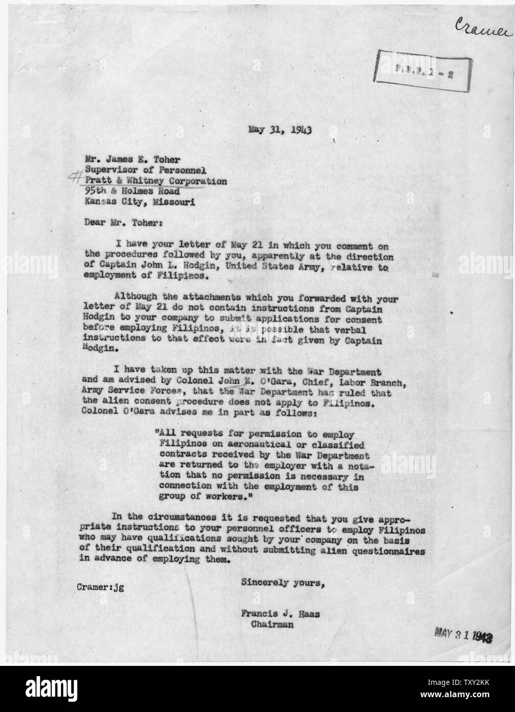 Casi chiusi [Pratt and Whitney]: Francis J. Haas a James E. Toher; Portata e contenuto: chiarisce lo stato della protezione dei lavoratori filippini. Foto Stock