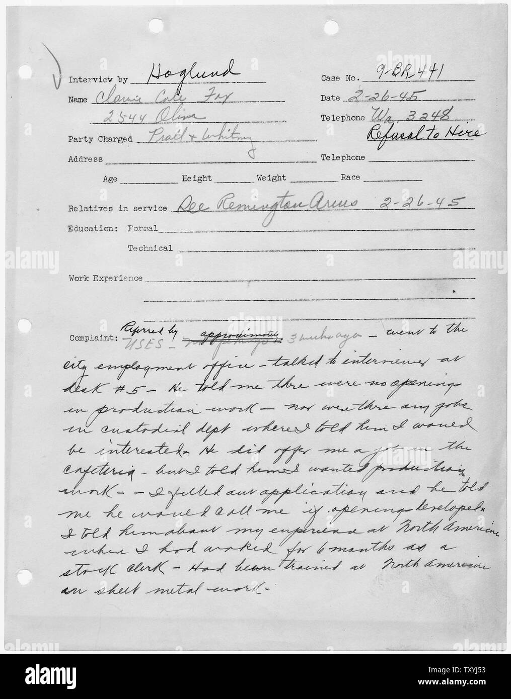 Clara Simons, et al [Caso 9-BR-441]: Denuncia Intervista di Clarine Cole Fox; Portata e contenuto: note da intervista del denunciante. Foto Stock